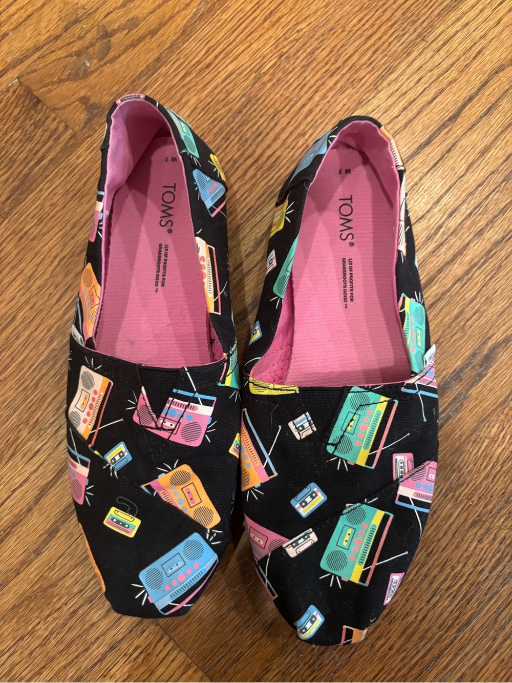 Toms Black Retro Radio Print Slip-On Flats with Pink Lining